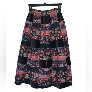 Vintage 1970’s Mr. Hank Cottage Floral Patchwork Eyelet Velour Midi‎ Skirt XS/S